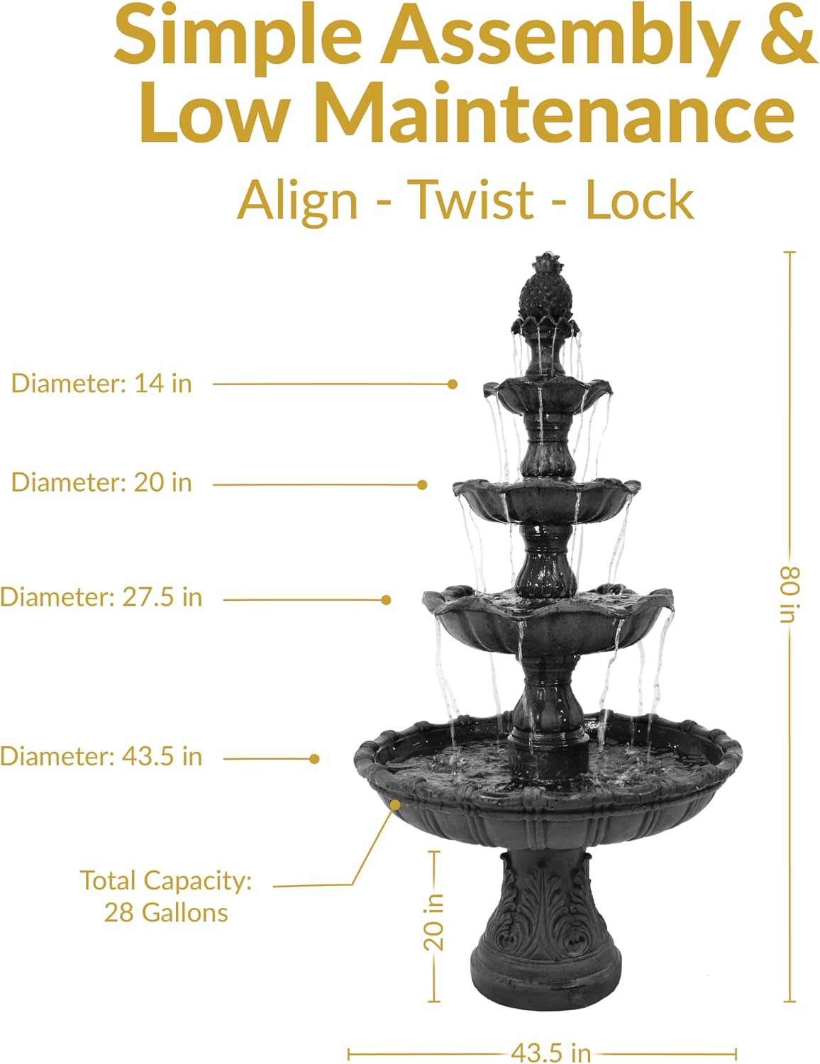 Sunnydaze Grand Courtyard 4-Tier Large Outdoor Water Fountain - 80' Tall Outdoor Fountain - Tiered Electric Garden Water Feature for Patio, Backyard, or Yard - Faux Stone Resin - Black