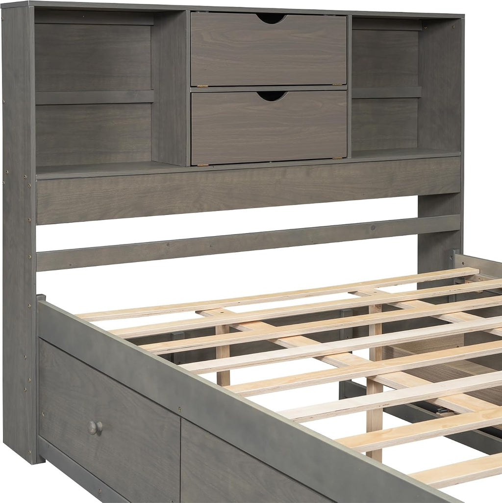 VilroCaz Wood King Size Platform Bed with Storage Headboard, Modern Platform Bed Captain's Bed Frame with 8 Drawers, Sturdy Slats Support, Maximize Space (Grey-M3, King)