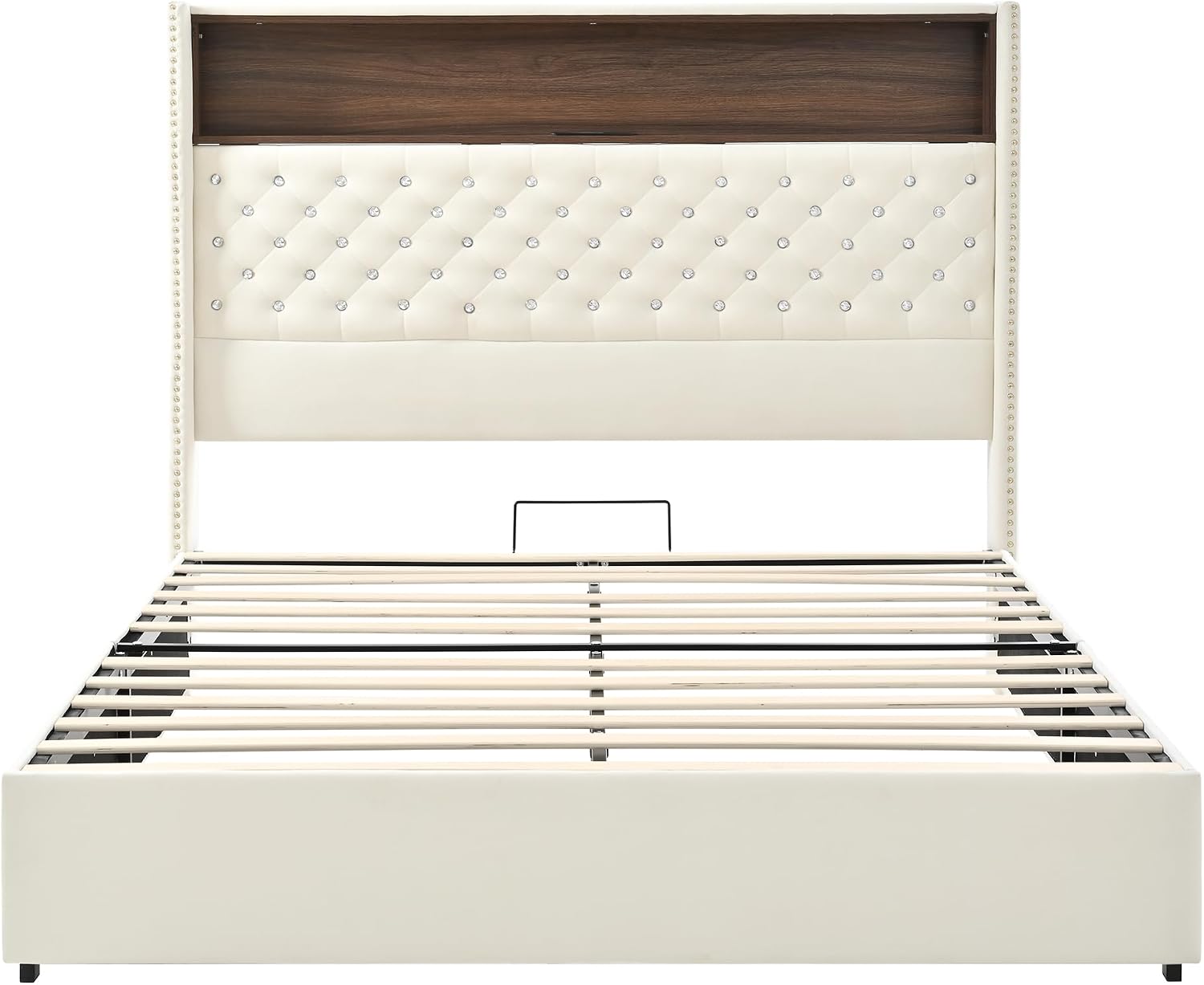 Queen Size Bed Frame with Storage, Velvet Tufted Soft Bed Frame with 52'' High Headboard with Rivet Decoration, Wing-back Platform Bed with Headboard Shelf, No Box Spring Needed (Beige,Queen,42)