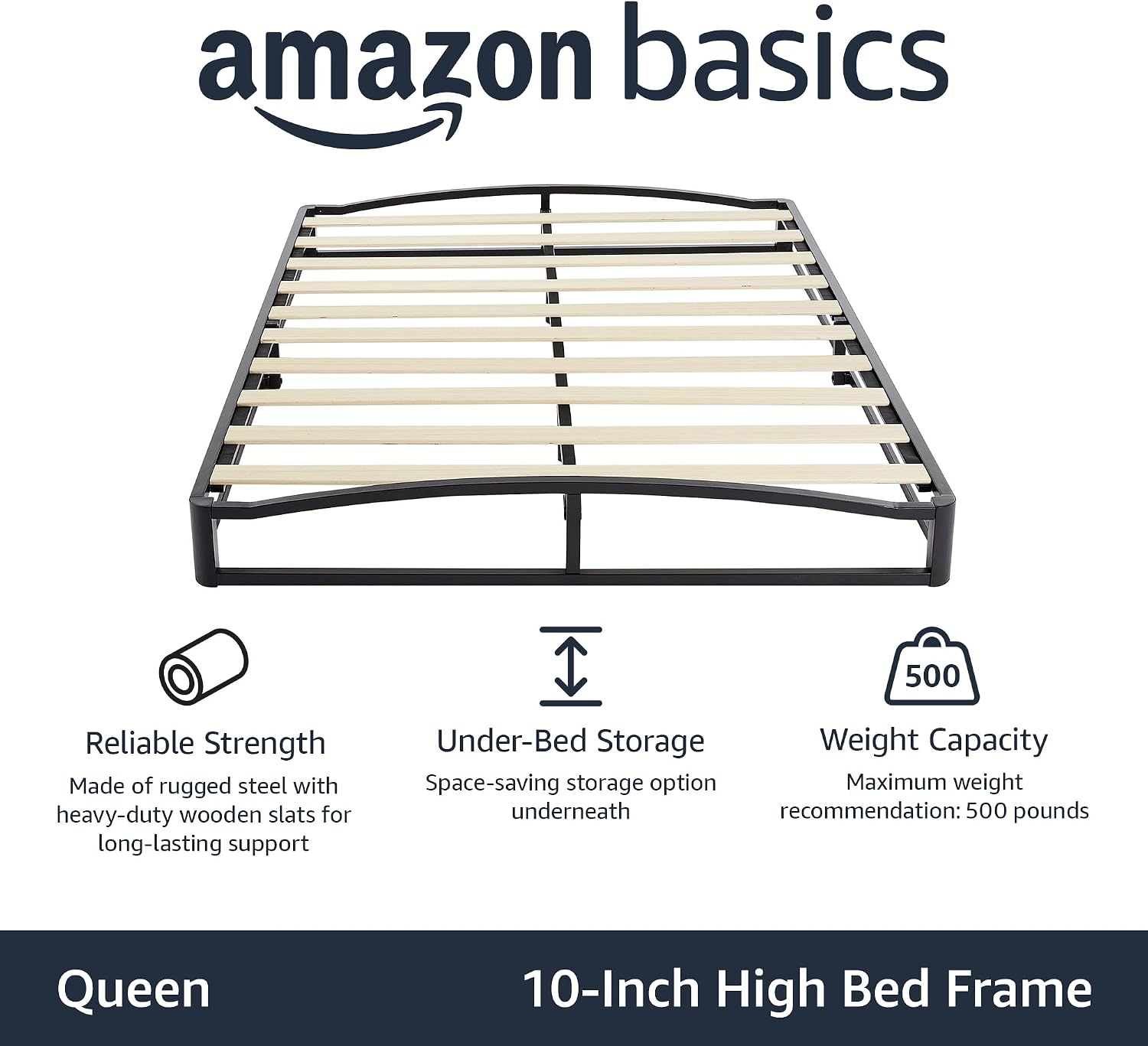 Amazon Basics Metal Platform Bed Frame with Wood Slat Support, Storage Space Underneath, 10 inches High, Queen, Black