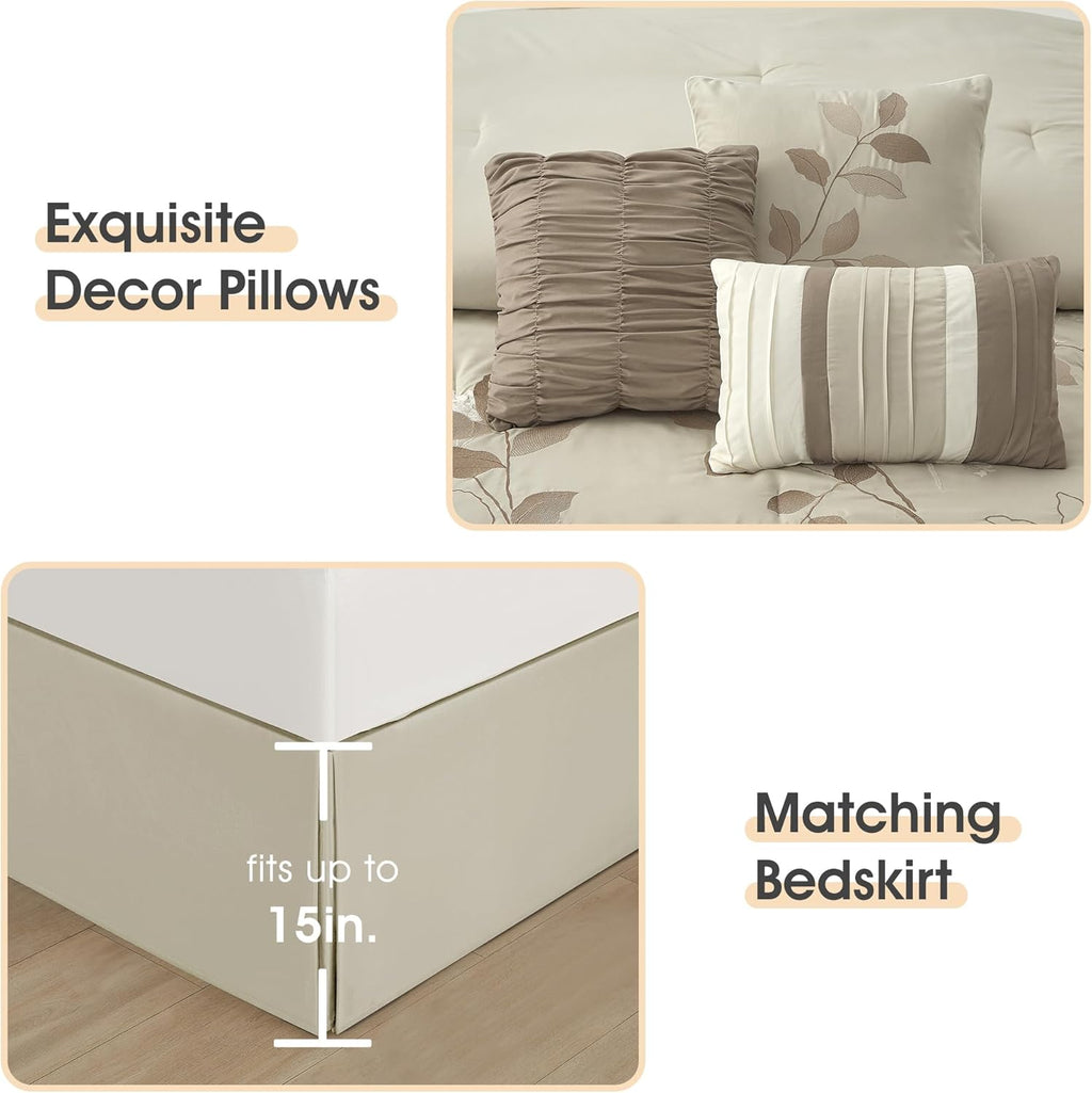 LANCO MODERN LIFESTYLE Beige Queen Comforter Set, 7 Pieces Bed in a Bag, Elegant Floral Leaves Embroidery, Soft and Lightweight All Seasons Bedding Set, Bedskirt, Pillow Shams, Decor Pillows