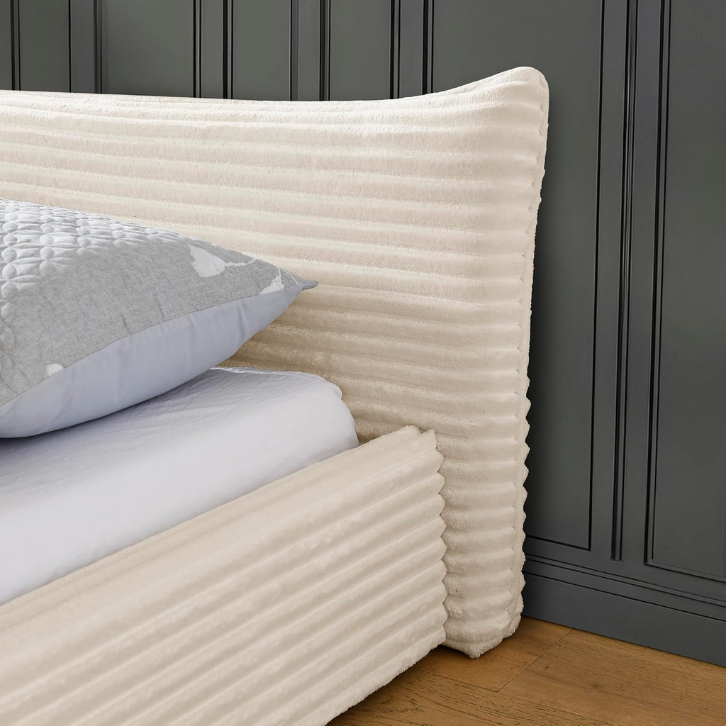 Queen Size Upholstered Bed with Decorative Curved Headboard, Solid Velvet Fabric Grounded Platform Bed Frame with Slats Support, No Box Spring Required (Beige-JU1)