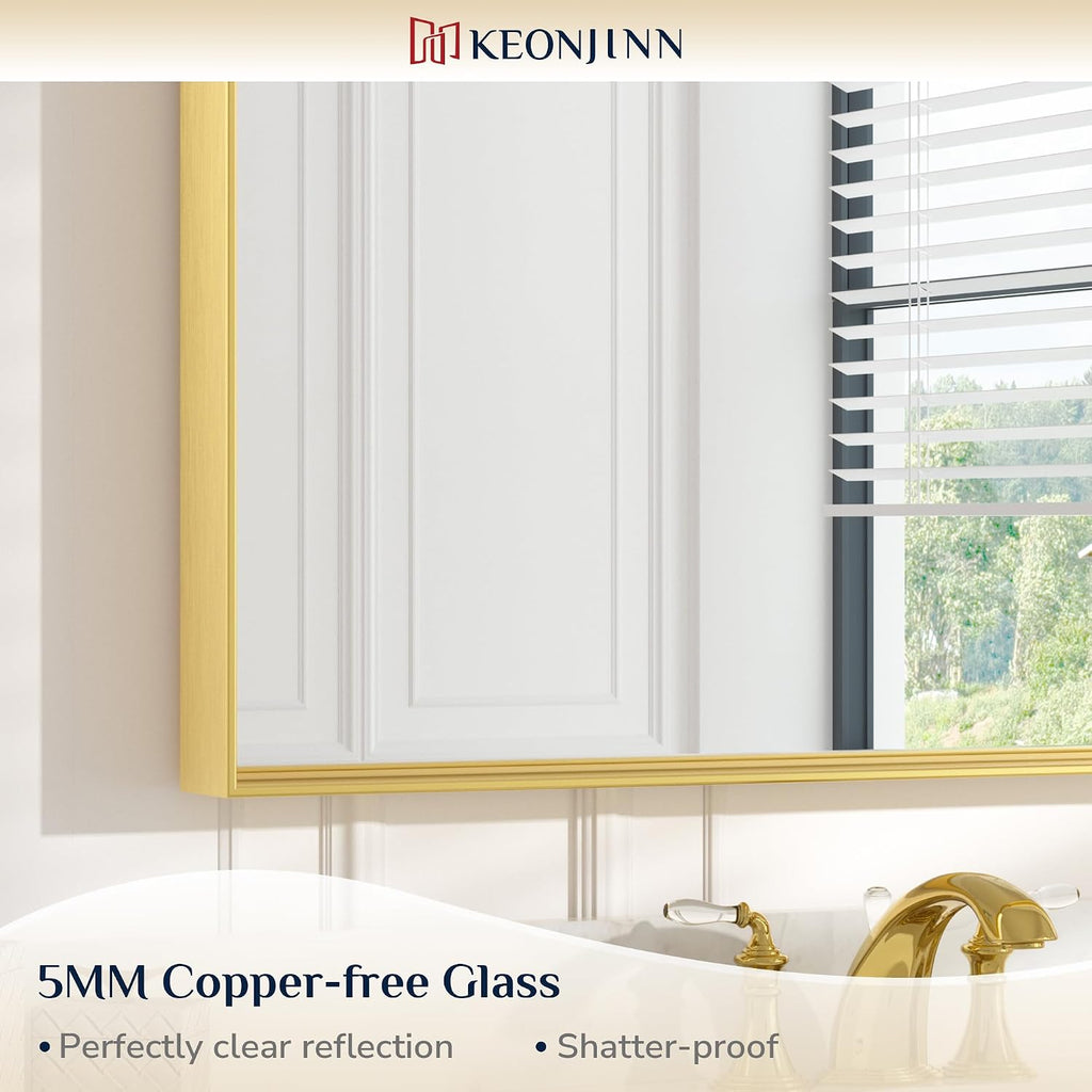 Keonjinn Gold Bathroom Mirror 48 x 30 Inch, Large Gold Trimmed Wall Mirror, Metal Framed Mirrors for Over Sink, Modern Farmhouse Rectangle Vanity Mirrors(Horizontal/Vertical)