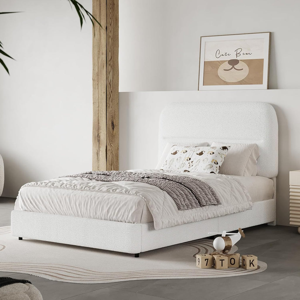 HOMBCK Twin Bed Frames with Headboard, Boucle Upholstered Platform Bed Twin Size for Kids, Rounded Corners & Thickened Footboard, No Box Spring Needed/Easy Assembly, White