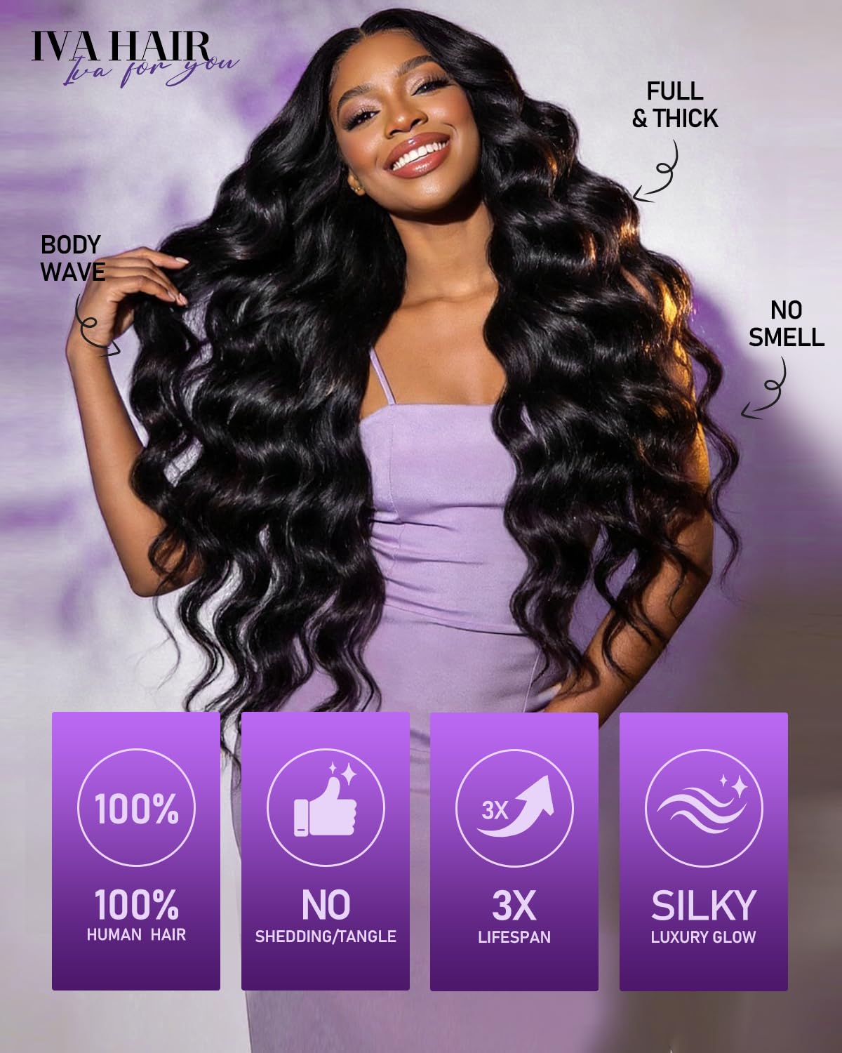 IVA 16A Body Wave Bundles Human Hair, 100% Raw Human Hair Bundles 14 16 18 Inch, Triple Lifespan, No Tangle No Shedding, Repeated Washes Maintain Silky Texture