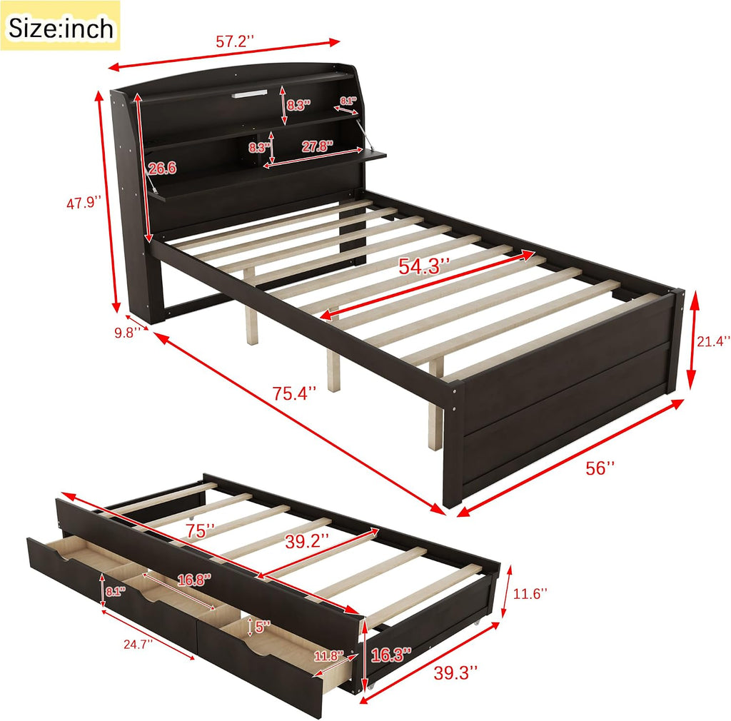 VilroCaz Modern Multi-Function Full Size Platform Bed with Trundle and 3 Drawers, Wood Captain Platform Bed Frame with Storage Headboard and Night Light, Maximized Space (Brown-H1, Full)