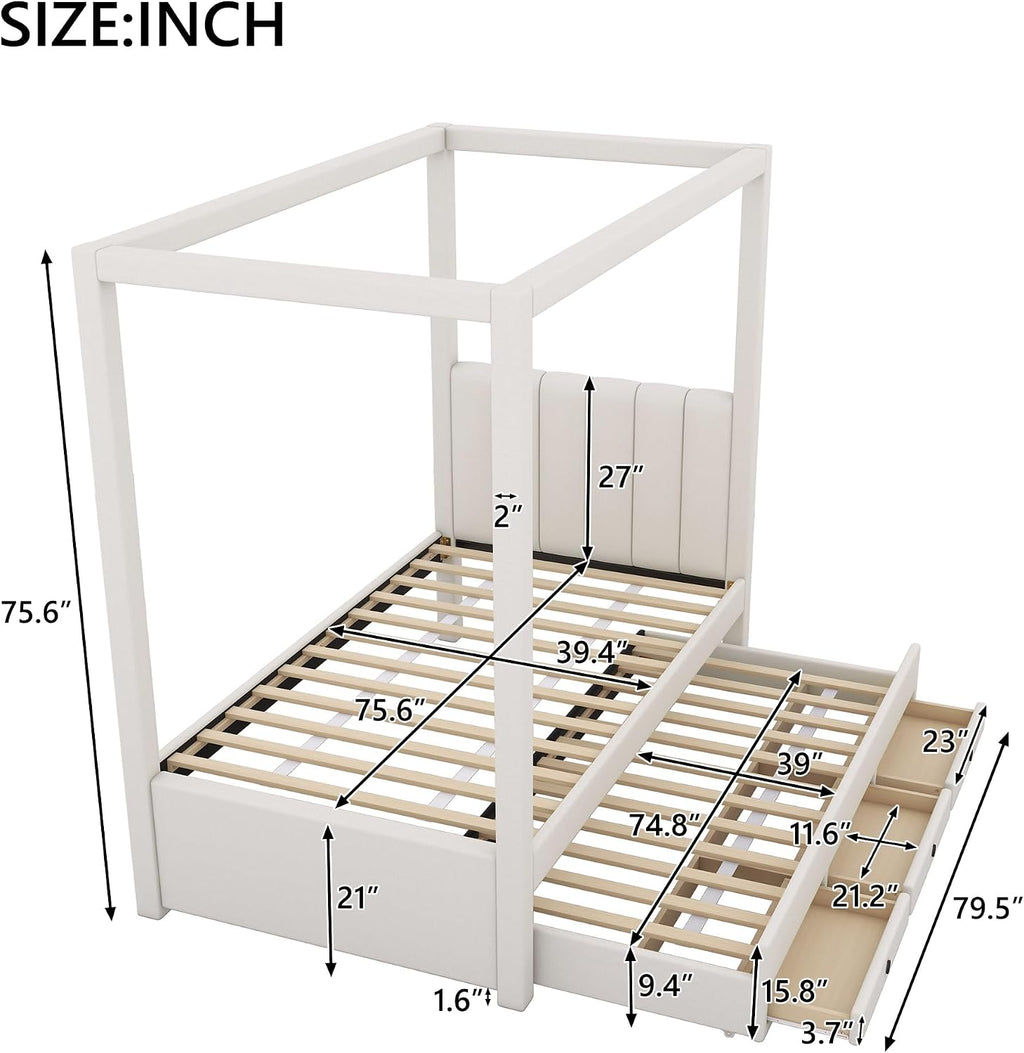 Harper & Bright Designs Twin Size Upholstery Canopy Platform Bed Frame for Boys Girls Kids Adults Toddler with Trundle and Three Storage Drawers, Beige