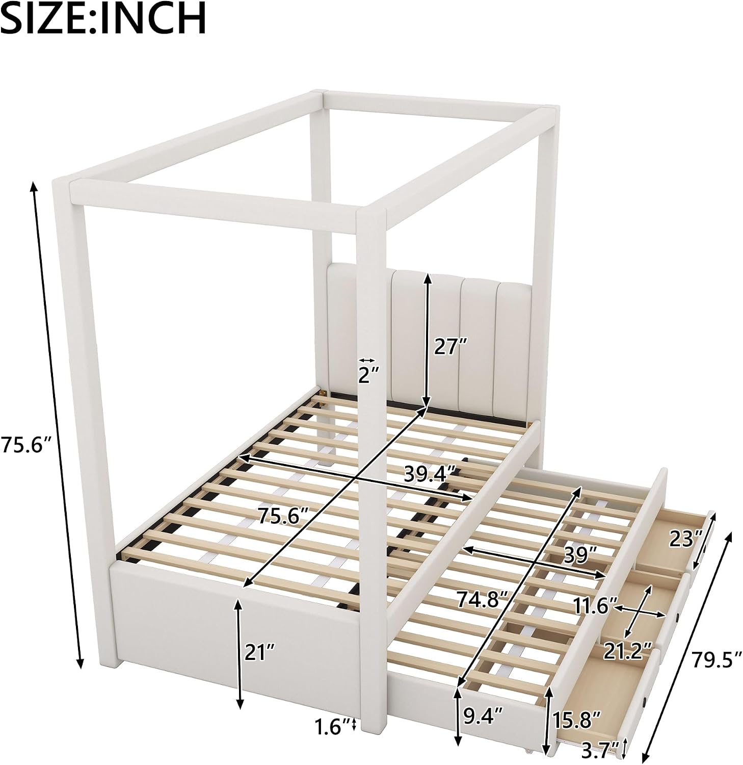 Harper & Bright Designs Twin Size Upholstery Canopy Platform Bed Frame for Boys Girls Kids Adults Toddler with Trundle and Three Storage Drawers, Beige