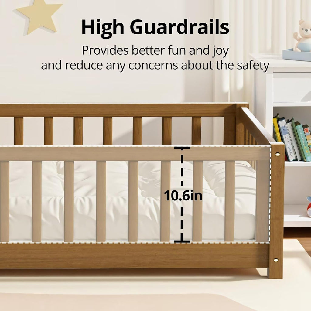 i-POOK Twin Floor Bed Frame with Wood Slats, High Fence & Small Door, Pinewood Montessori Floor Bed for Girls and Boys,Light Espresso