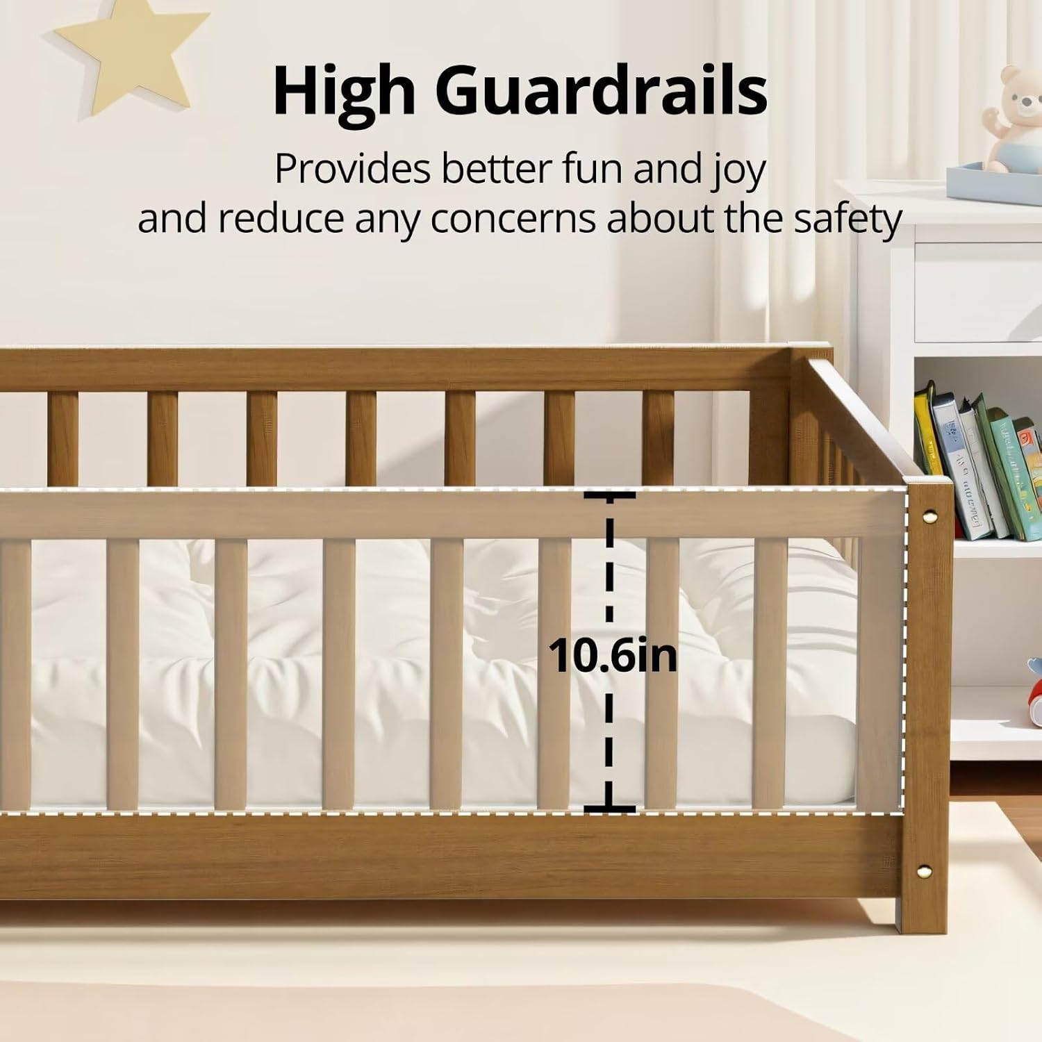 i-POOK Twin Floor Bed Frame with Wood Slats, High Fence & Small Door, Pinewood Montessori Floor Bed for Girls and Boys,Light Espresso