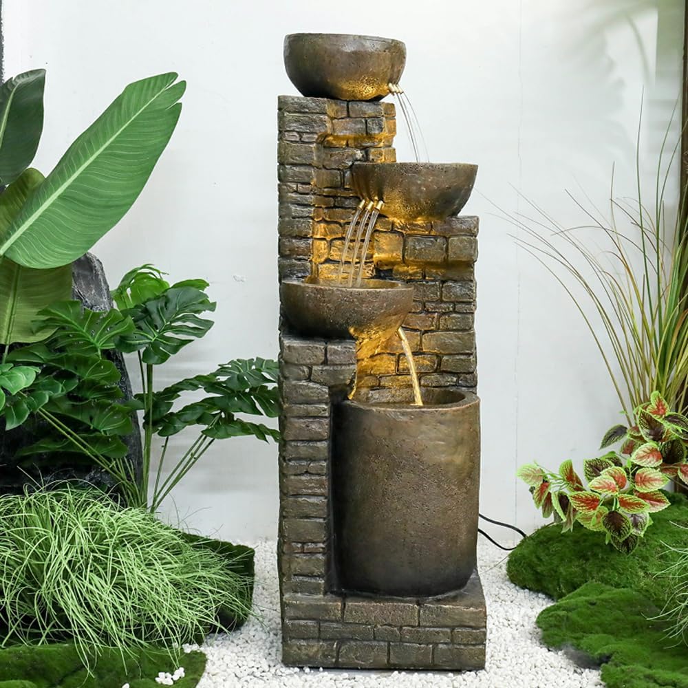 Hamiedun 38.2 ''H Water Fountain Outdoor Cascading Bowls and Stacked Stones with Led Lights Waterfalls Fountain for Outside Gardens, Landscaping, Balconies, Floor Patio,Backyard and Home Art Decor