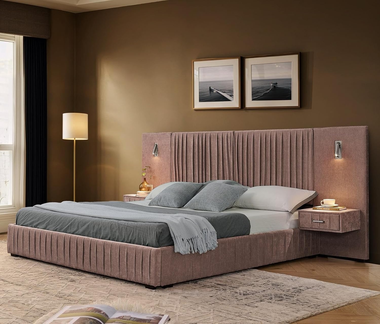 KEIKI Queen Size Chenille Bed Frame with 2 Nightstands, Lamps & Oversize Headboard, Solid Wood Frame Platform Night Stand Bedroom Set, Upholstered Floor Grounded Bed, No Box Spring Needed, Pink
