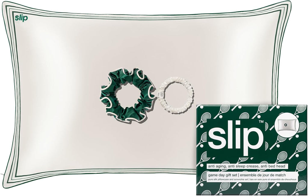 slip Game Day Set – Queen Silk Pillowcase with Contrast Piping, Forest Large Scrunchie & White Skinny Scrunchie – Pure Mulberry Silk Hair & Sleep Essentials