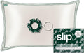 slip Game Day Set – Queen Silk Pillowcase with Contrast Piping, Forest Large Scrunchie & White Skinny Scrunchie – Pure Mulberry Silk Hair & Sleep Essentials