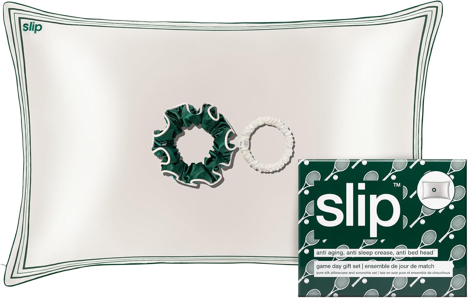 slip Game Day Set – Queen Silk Pillowcase with Contrast Piping, Forest Large Scrunchie & White Skinny Scrunchie – Pure Mulberry Silk Hair & Sleep Essentials