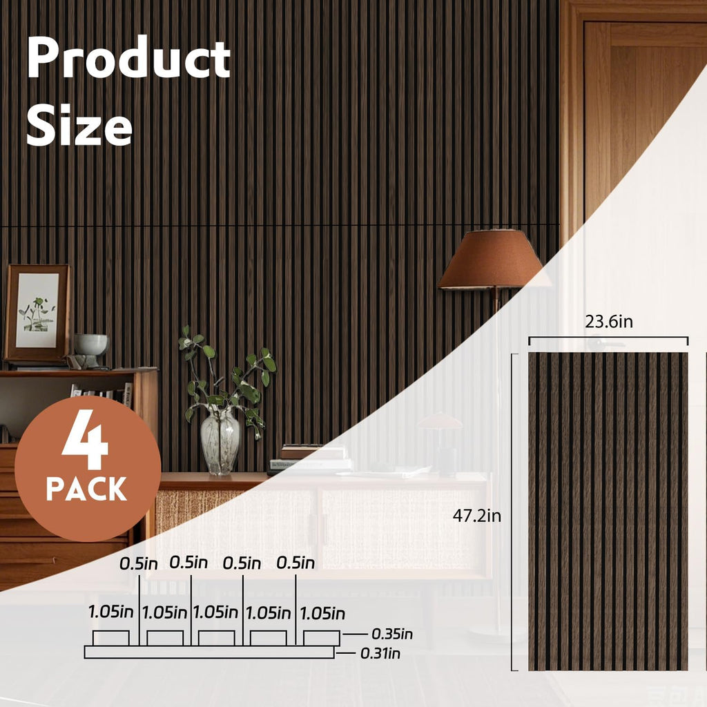 4 Pack Wood Panels for Wall, 47.2'×23.6' Wood Slat Acoustic Panels for Wall, Soundproof Panels, 3D Fluted Panels for Interior Decor (Dark Walnut)