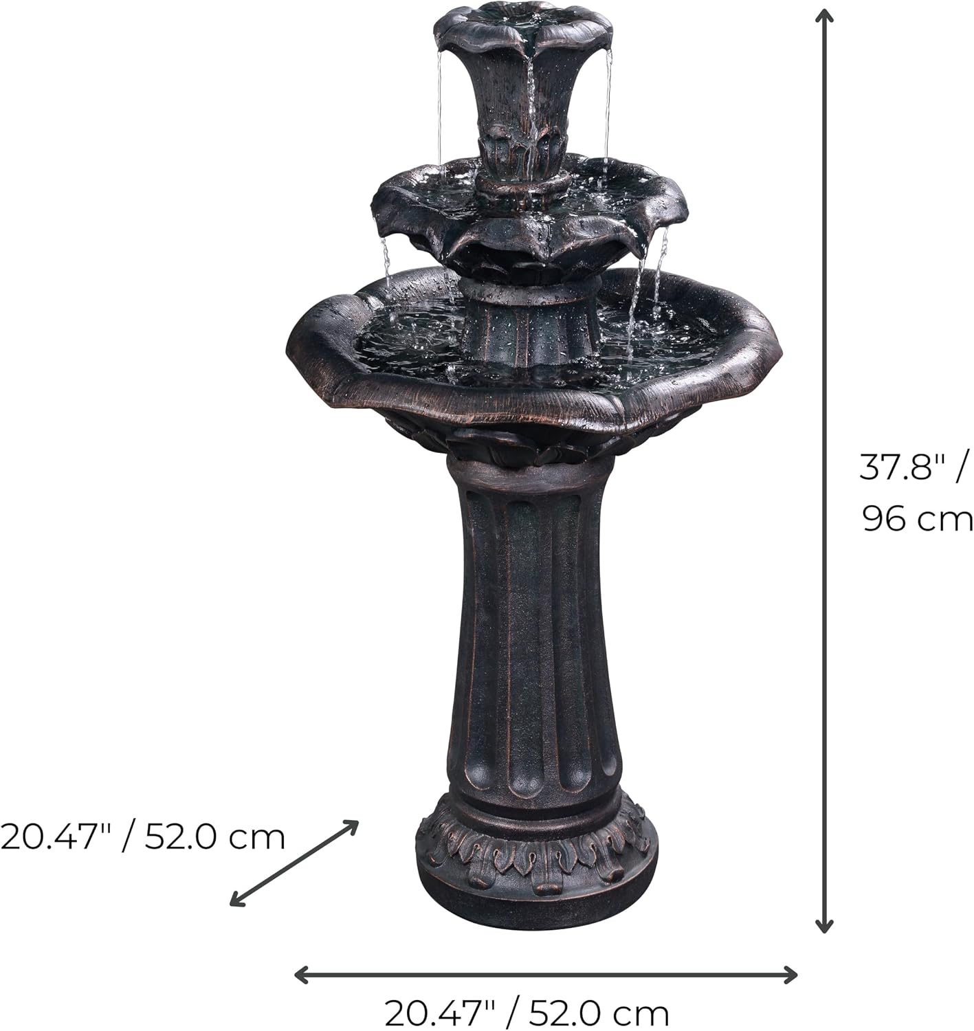 Teamson Home Lily Flower Floor Pedestal 3 Tiered Floor Waterfall Fountain with Pump for Outdoor Patio Garden Backyard Decking, 38 Inch Height, Bronze