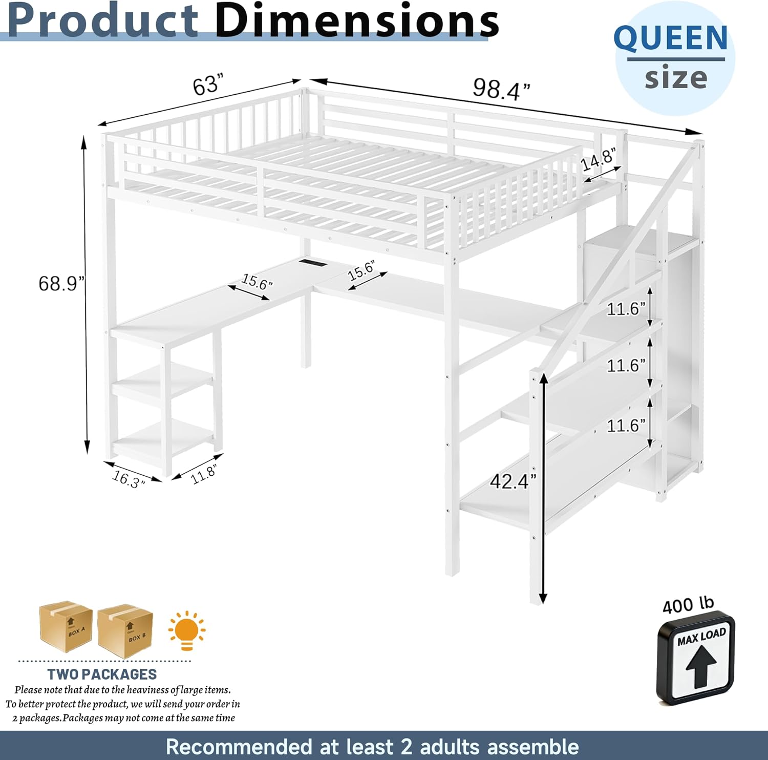 Queen Size Loft Bed with Stairs and Desk, Gaming Loft Beds with RGB LED Light and Storage Shelf, Heavy-duty Metal Loft Bed Frame with Wardrobe, Charging Station for Adults Kids Teens, White