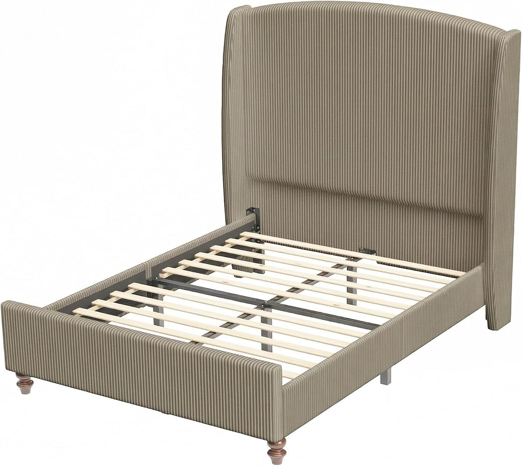 Queen Size Upholstered Bed Frame with 65.7' Tall Headboard Wingback, Soft Washable Corduroy Beds Cover, Solid Wood Legs, Noise-Free, No Box Spring Needed, Light Gray