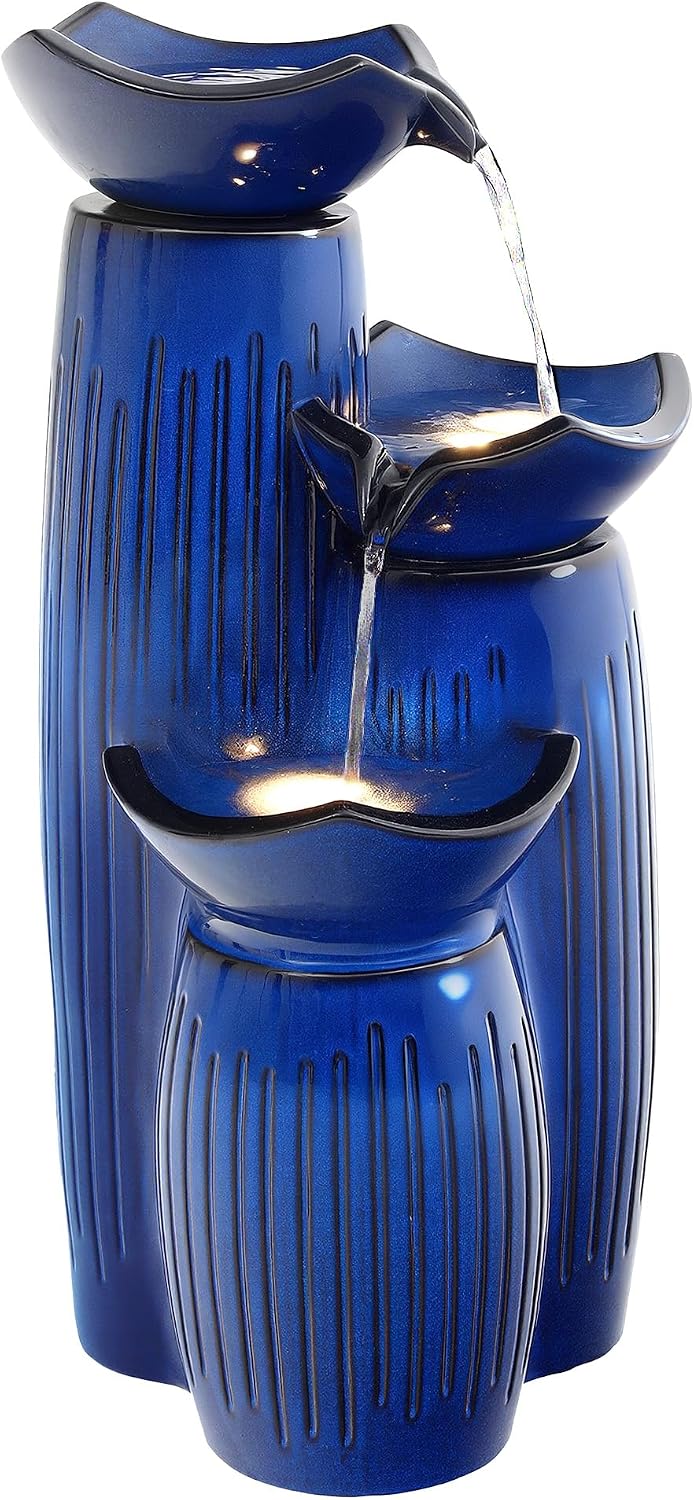 30' H Ceramic Outdoor Water Fountain with LED Lights, 3-Tier Cascading Lotus Bowls Water Feature, Tranquil Waterfall for Relaxing Garden, Patio, Yard, Cobalt Blue, Vertical Striped Texture