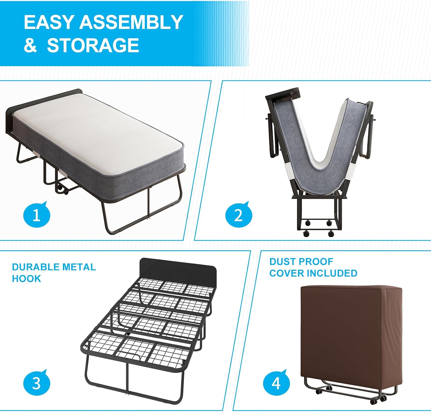Rollaway Bed with Mattress for Adults, Single Folding Bed with 5'' Mattress, Portable Foldable Beds Fold up Guest Beds with Dustproof Bag & Baffle (Upgrade with Cover)