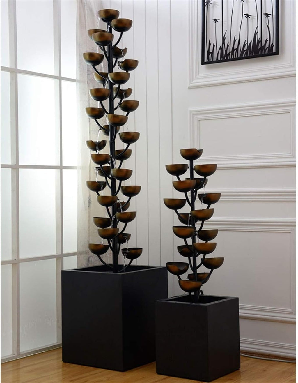 Tabletop Fountain Luxury Retro Wrought Iron Indoor Fountain Creative Living Room Entrance Office Decoration Fountain Cascading Metal Bowl Waterfall Handmade, 37.4' H Desktop Fountain