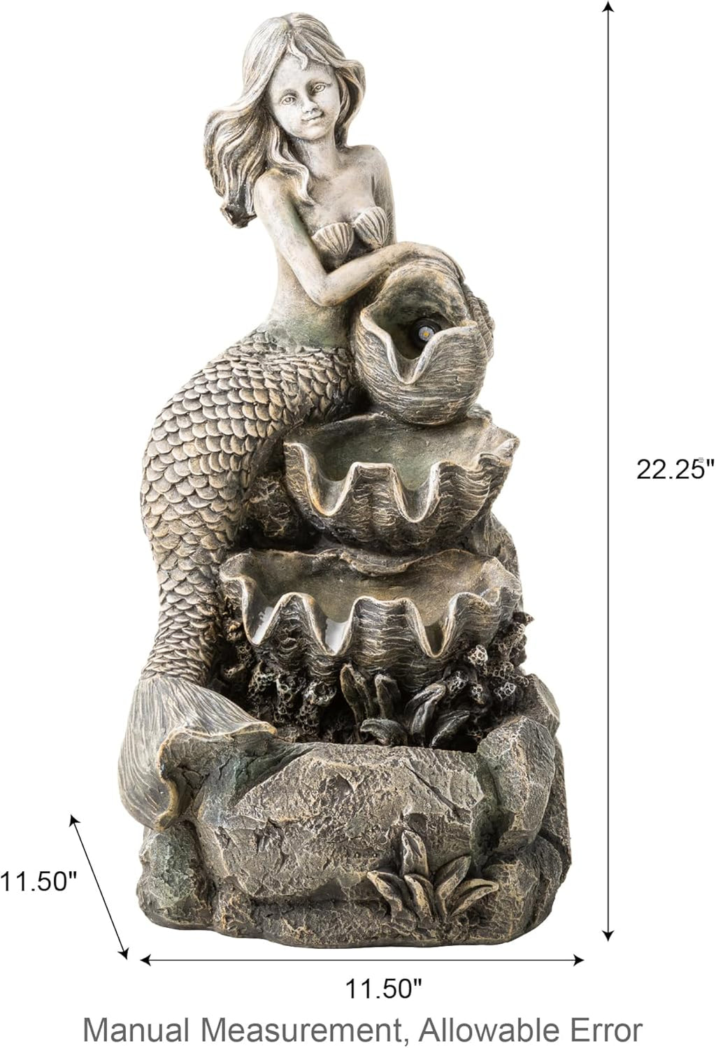 Glitzhome Water Fountain Outdoor, Outdoor Fountain with Lights & Pump, 22.25' H 4-Tiered Concrete Mermaid Polyresin Waterfall Floor Standing Water Feature for Garden, Patio, Yard, Deck, Porch