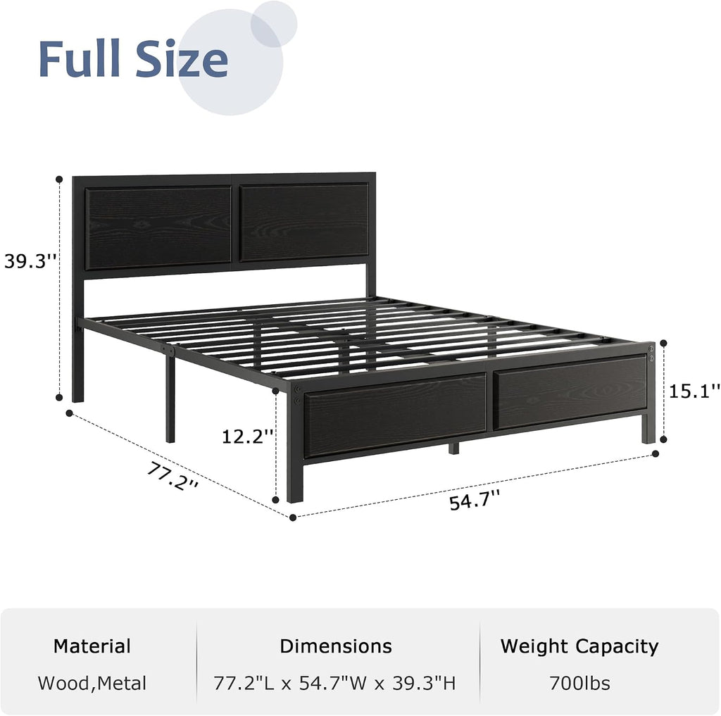 VECELO Full Bed Frames, Metal Platform Beds with Large Rustic Wooden Headboard, Metal Slats Support, Noise-Free/Easy Assembly, Black