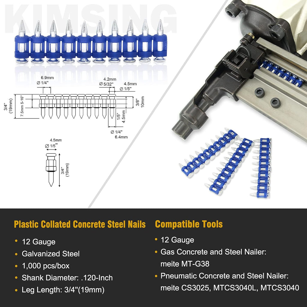 10 Boxes - KIMSING MTSD-19 12 Gauge 3/4 Inch X .109 Inch Smooth Shank Plastic Collated Concrete and Steel Drive Pin Mechanical Galvanized for Gas Power Concrete and Steel Nailer 1,000 PCS/Box