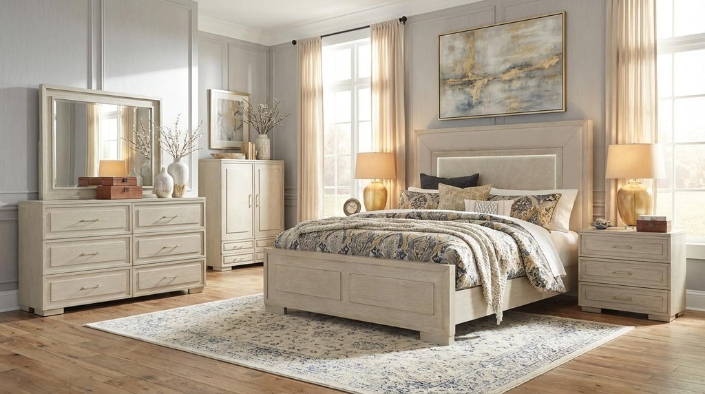 First of a Kind Celine Modern 5 Piece Queen Bedroom Set with Warm Wood Finish Clean Contemporary Design Coordinated Furniture Collection