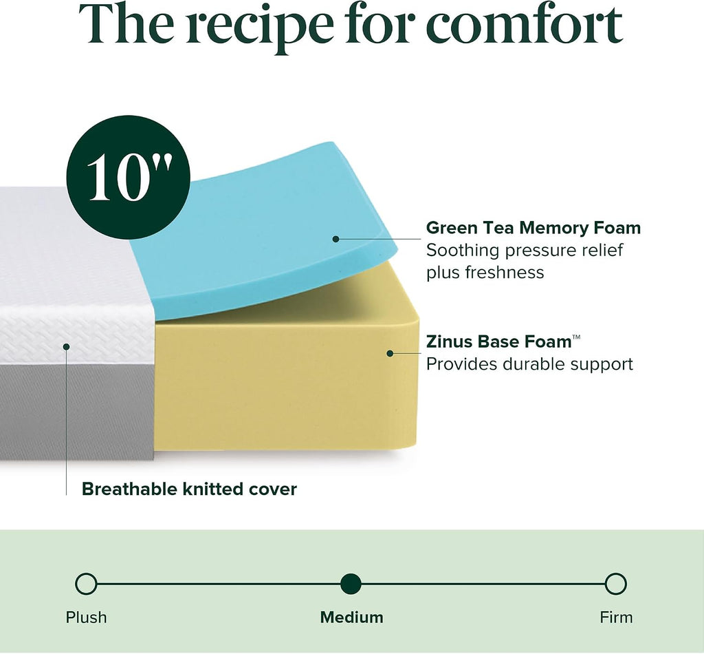 Zinus 10 Inch Green Tea Essential Memory Foam Mattress [New Version], Twin, Fiberglass Free, Medium Feel, Breathable Airflow Memory Foam, Certified Safe Foams & Fabric, Mattress in A Box