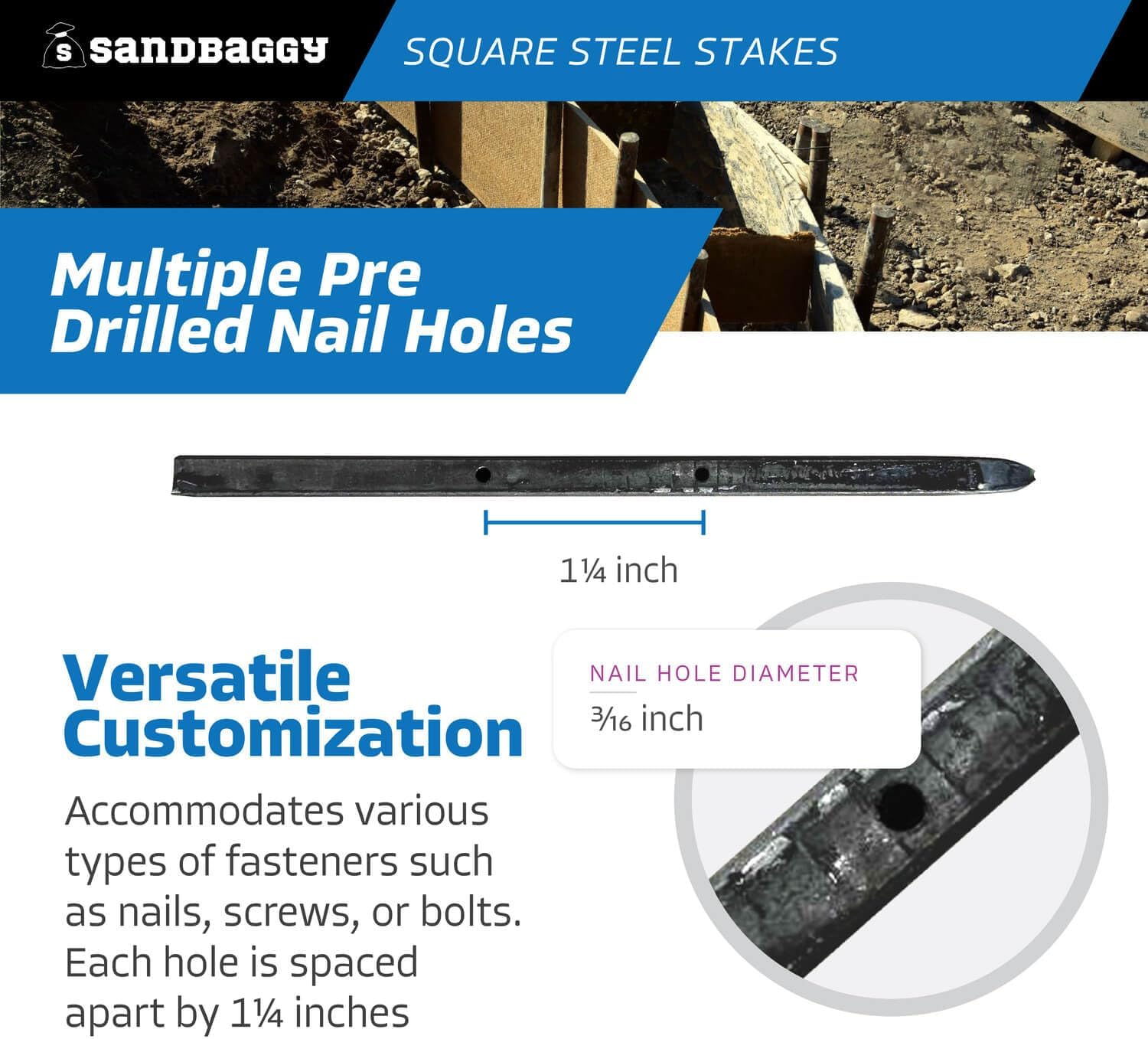 Sandbaggy 18' Square Steel Concrete Form Stakes with Nail Holes - 5/8' Wide - Rust Resistant - Removable/Reusable - Construction Grade Rebar Pins (Square Nail Stakes, 50, Count)