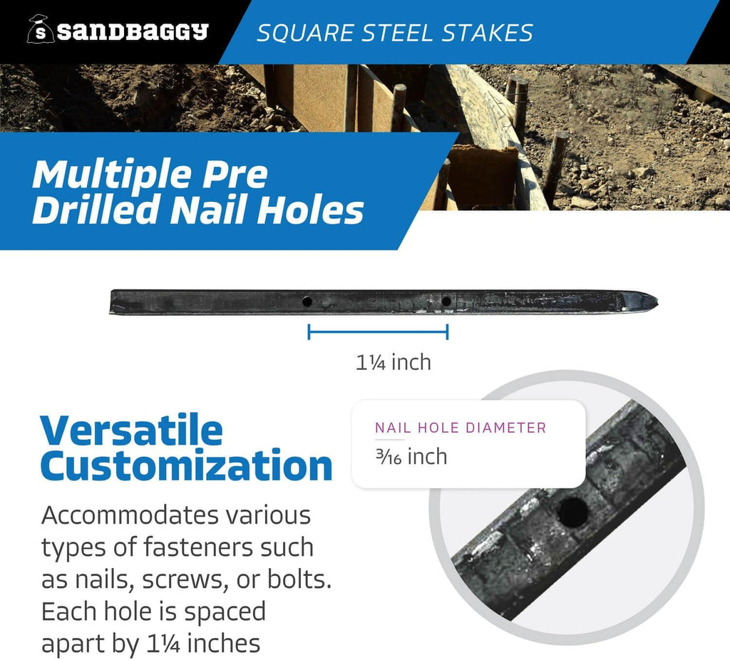 Sandbaggy 12' Square Steel Concrete Form Stakes with Nail Holes - 5/8' Wide - Rust Resistant Coating - Removable, Reusable - Construction Grade Stakes (12 inch, 200)