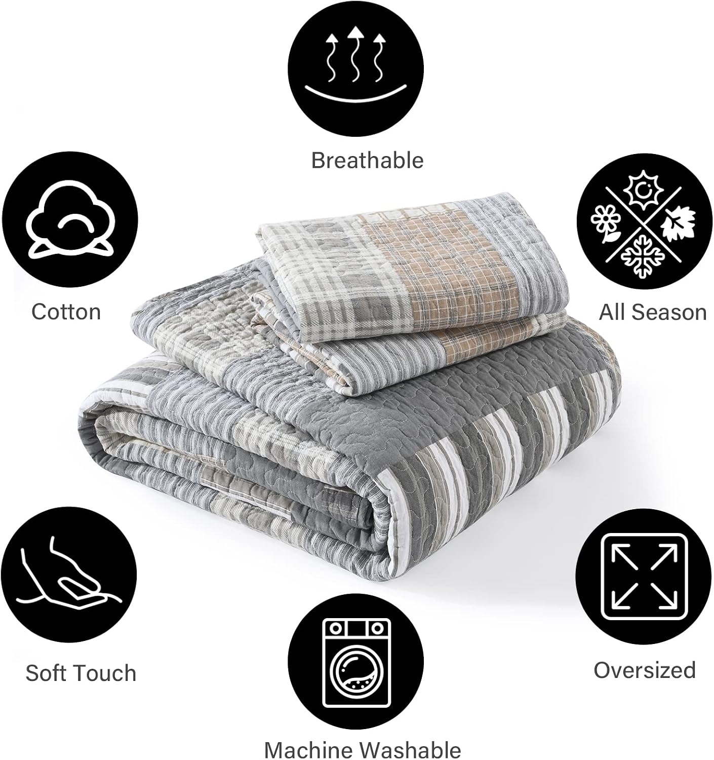 PANGUSHAN Quilt Set King Size, 100% Cotton Quilt Bedding Set Bedspreads, Patchwork Plaid Farmhouse Reversible Lightweight Comforter Bed Spread for King Bed, Gray/Brown, 3 Pieces