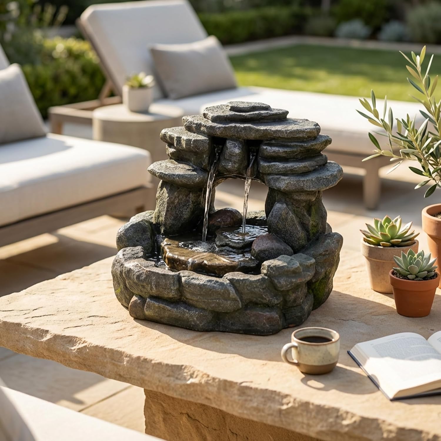 Bumilgar 15.55' Tabletop Rock Water Fountain – Cascading Stacked Stone Waterfall Fountain with LED Light, Zen Indoor Tabletop Fountain for Desk, Side Table, Home Office, Meditation Décor