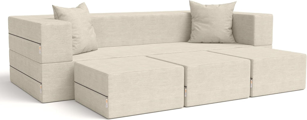 Jaxx Zipline Convertible Sleeper Sofa & Three Ottomans/California King-Size Bed, Textured Microvelvet - Ivory