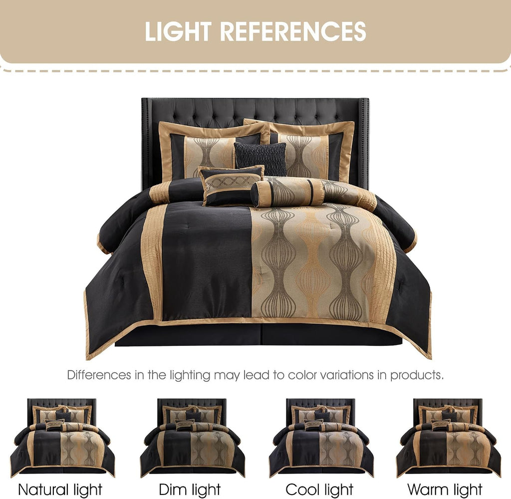 Grand Avenue Elegant Black and Gold Comforter Set,Striped, 7 Pieces Jacquard Bedding Sets with Comforter for All Season, Bed Skirt, Pillows & Shams, Queen Size, Lightweight Microfiber