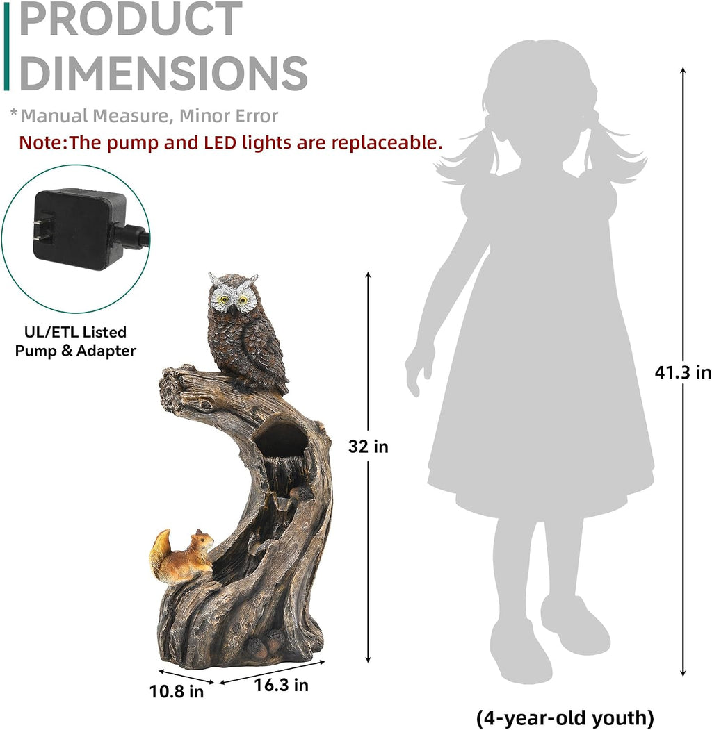 32' H Resin Owl Tree Trunk Fountain Outdoor, Forest Style 4-Tiers Water Feature Outdoor with Lights, Soothing Cascading Waterfall for Patio, Backyard, Garden or Porch