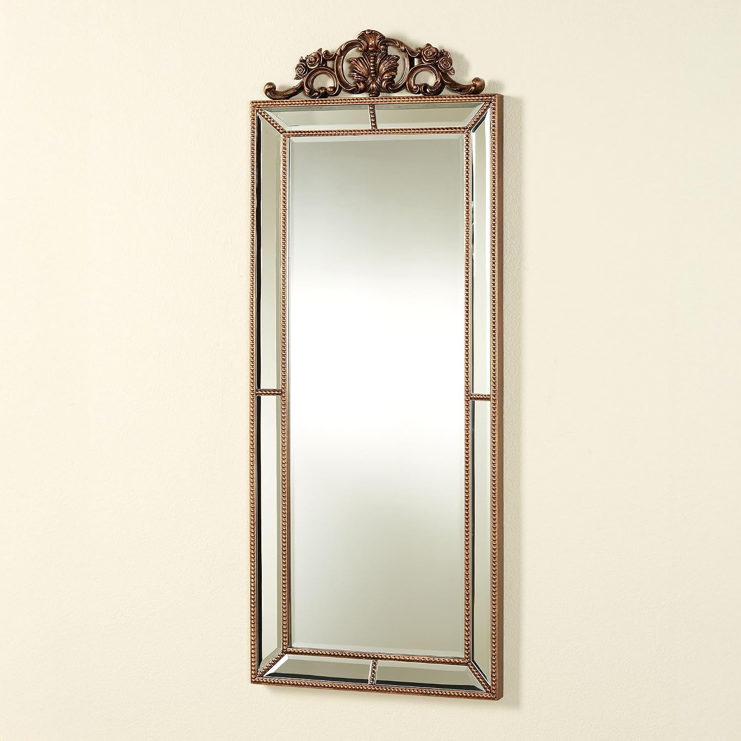 Felix Wall Mirror | Rectangular Beveled Glass with Light Bronze Finish | Resin Bead Trim, Acanthus Leaves, Scrolls, and Rose Motifs | Elegant Classic Traditional | Vertical Home Decor | 50 Inches