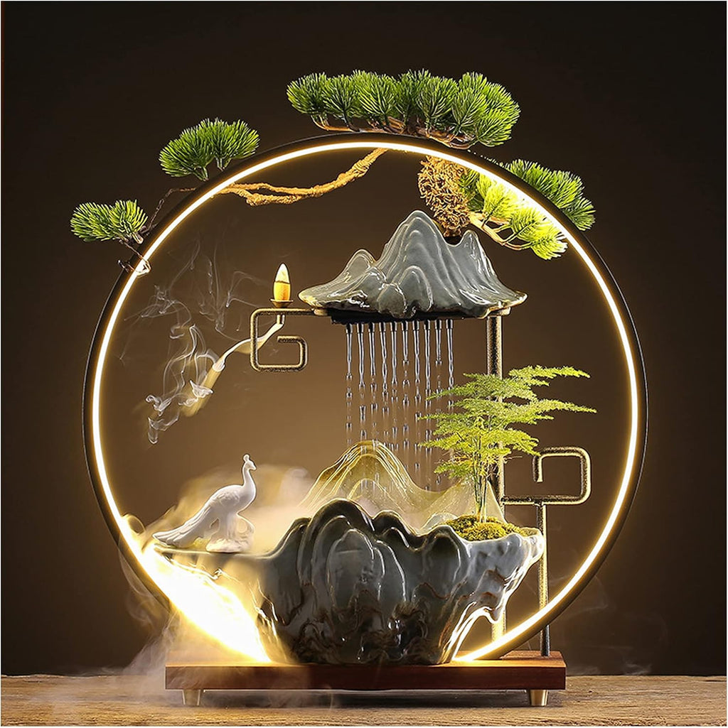 Peacock Tabletop Water Fountains Indoor Waterfall with LED Light Zen Decor for Meditation with Mist Japanese Decor with Fake Plants Feng Shui Decoration for Good Luck Wealth