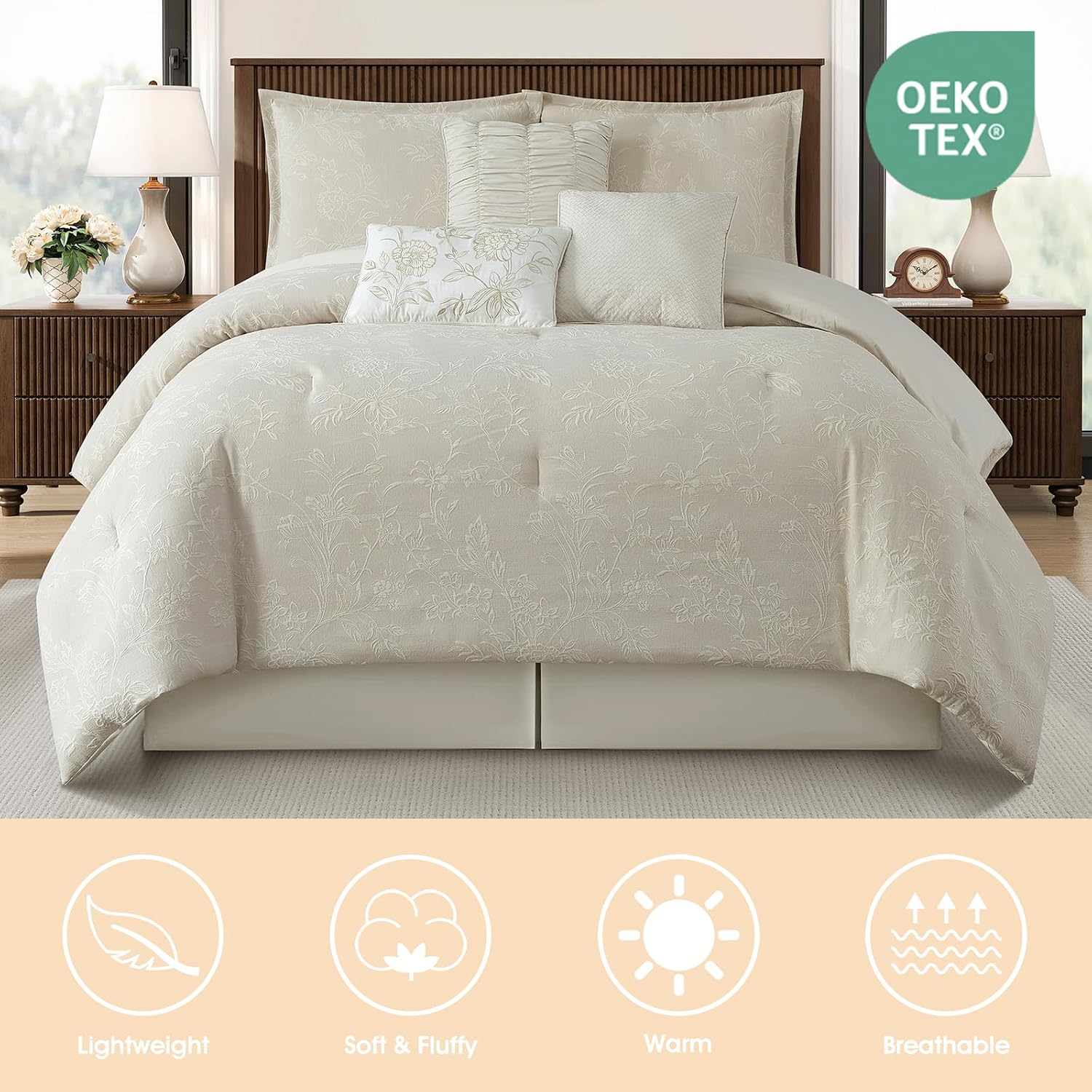 LANCO MODERN LIFESTYLE 7 Piece Beige Comforter Set, King, Cotton Fabric Jacquard Patchwork Floral, Year-Round Comfort Bed in a Bag with Bed Skirt, Shams & Decorative Pillows