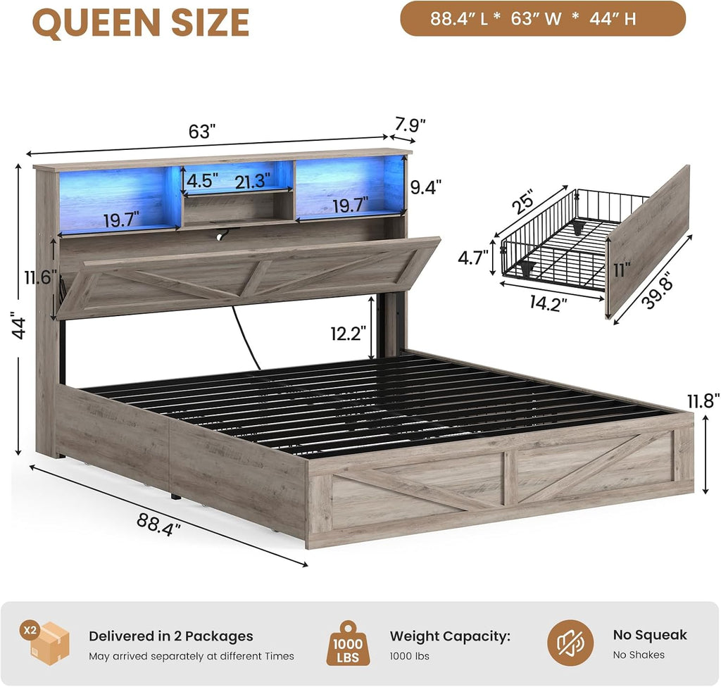 AOGLLATI Farmhouse Queen Bed Frame with 4 Storage Drawers and Led Lights, Wooden Bed Frame Queen Size with Hidden Space Bookcase Headboard and Led Lights & Metal Slats, Grey