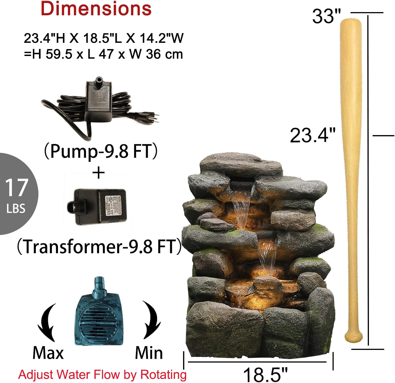 Bumilgar 23.4' H Garden Outdoor Rock Water Fountain with LED Lights, 4-Tier Cascading Waterfall Fountain, Faux Stone Resin Water Feature for Patio, Backyard & Home Decor