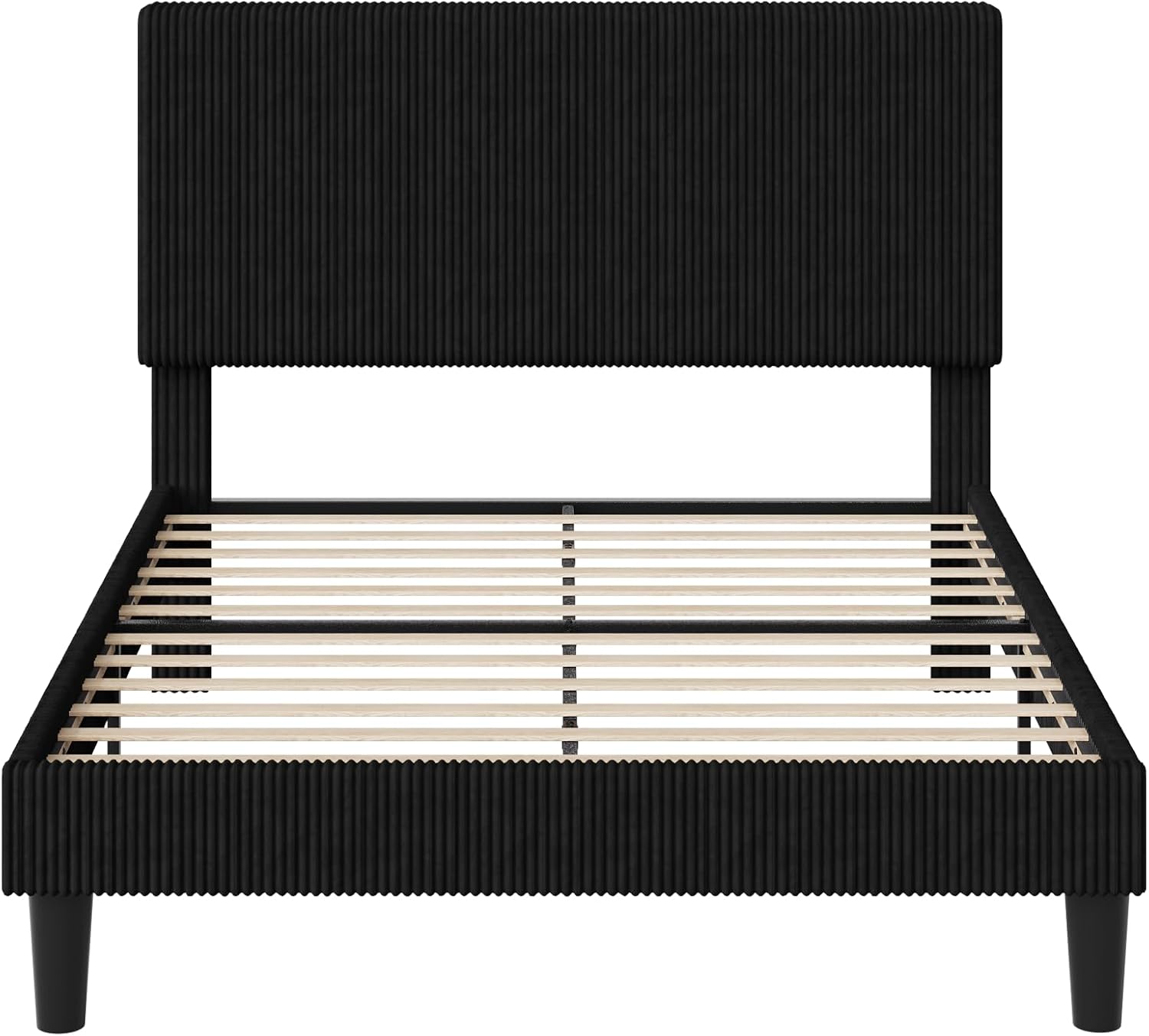Allewie Full Size Upholstered Bed Frame with Vertical Channel Tufted Headboard, Soft Corduroy Fabric Platform Bed, Strong Wooden Slats Support, Easy Assembly, No Box Spring Needed, Black