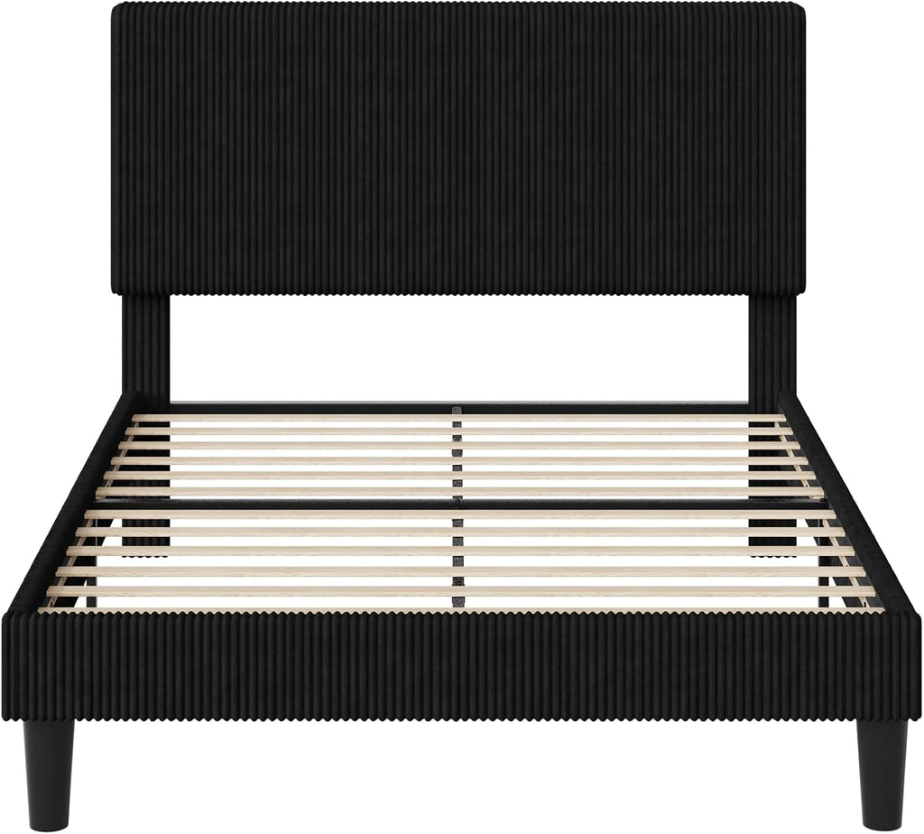 Allewie Queen Size Upholstered Bed Frame with Vertical Channel Tufted Headboard, Soft Corduroy Fabric Platform Bed, Strong Wooden Slats Support, Easy Assembly, No Box Spring Needed, Black
