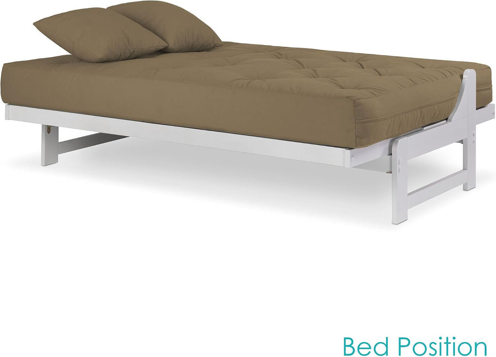 Nirvana Futons Arden White Futon Set Queen Size - Armless Futon Frame with Mattress (Microfiber Sussex Khaki), Space Saving Modern Sofa Bed Sleeper