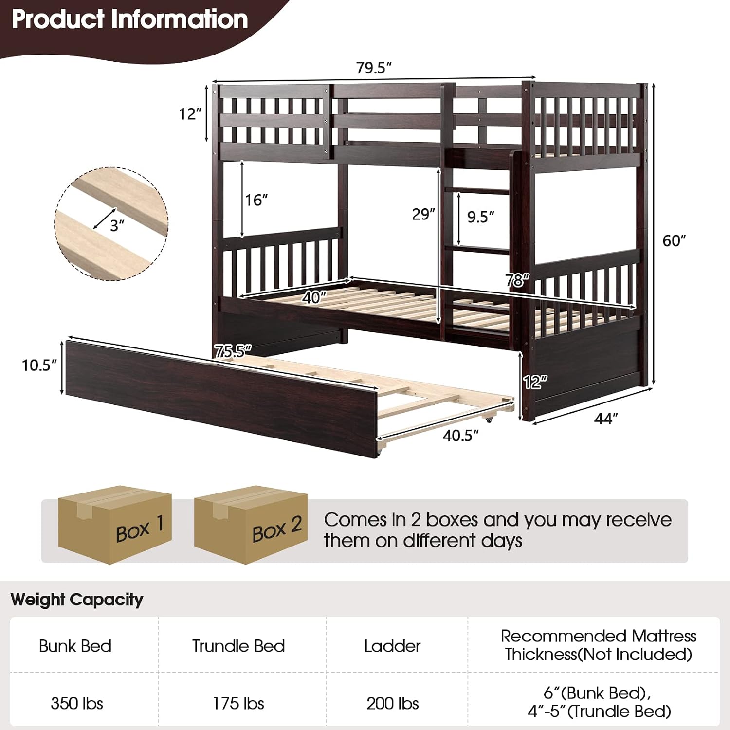 KOMFOTT Wood Twin Over Twin Bunk Bed with Trundle, Solid Pine Wood Bunk Bed Frame with Ladder & Safety Guardrails, Space-Saving Convertible Twin Bed Frame for Home & Dormitory, No Box Spring Needed