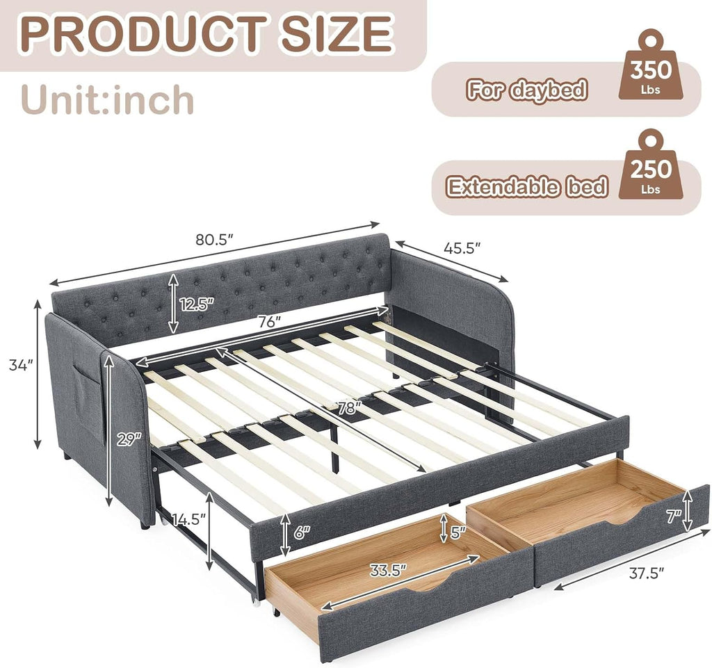 Antetek 80.5' Daybed with Drawer, Modern Button Tufted Linen Day Bed with Trundle Bed Twin to King, Upholstered Daybed Frame w/Storage Pocket for Bedroom, Living Room, No Box Spring Needed, Dark Grey