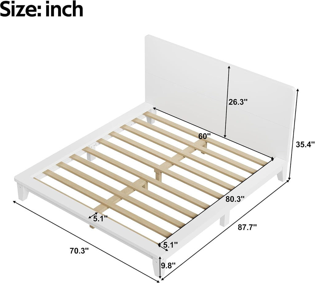 Merax Queen Size Solid Wood Platform Bed Frame, Modern Comfortable with Headboard, Slat Support, No Box Spring Needed, White
