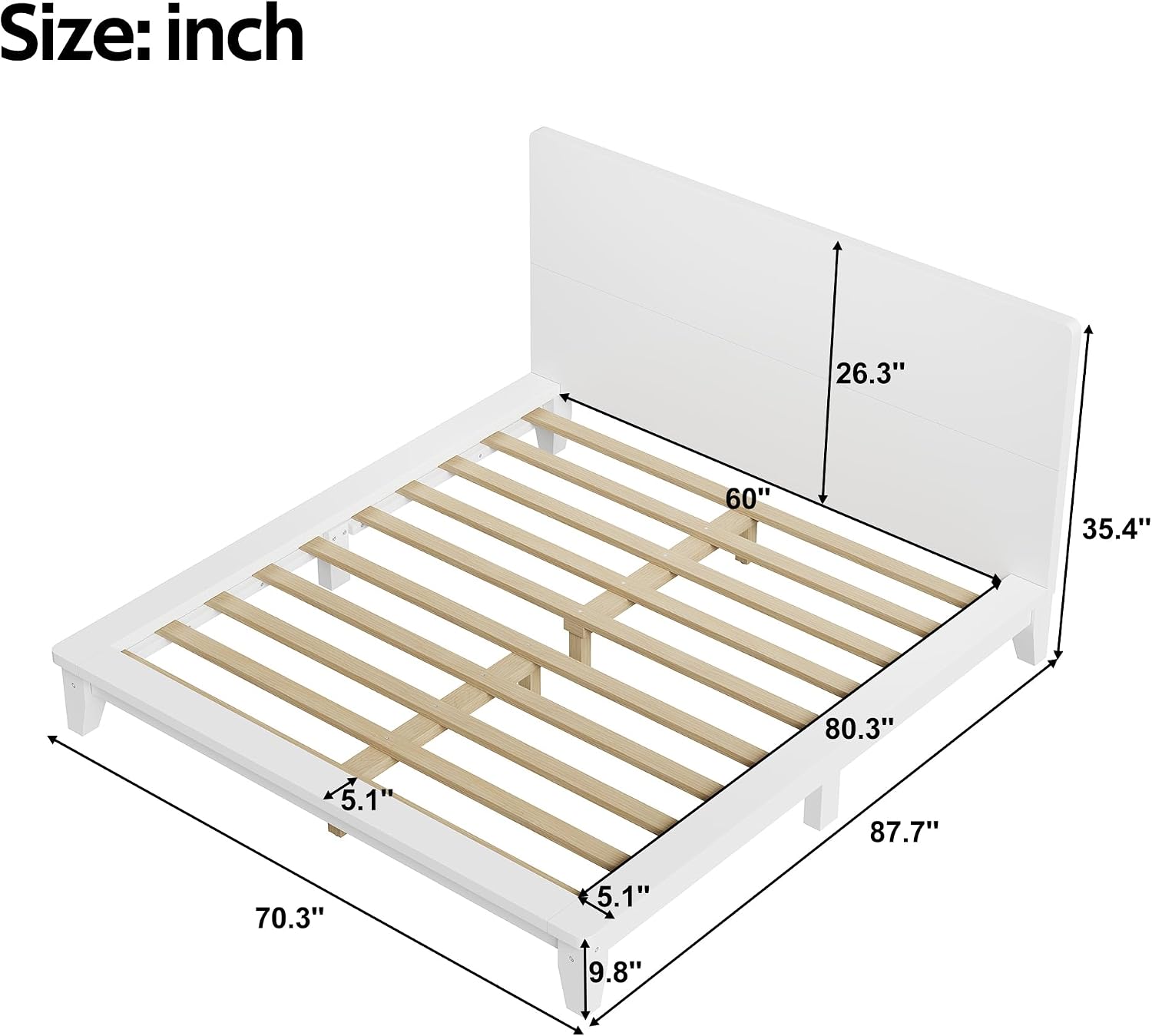 Merax Queen Size Solid Wood Platform Bed Frame, Modern Comfortable with Headboard, Slat Support, No Box Spring Needed, White